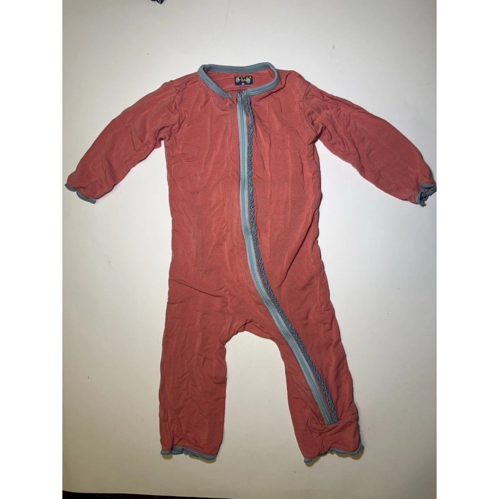 Kickee Pants Baby 6-9M Bamboo Coverall Pajamas Coral Blue Ruffle Zip Romper